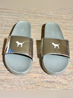 PINK Victoria’s Secret Metallic Silver Logo Slide Sandals